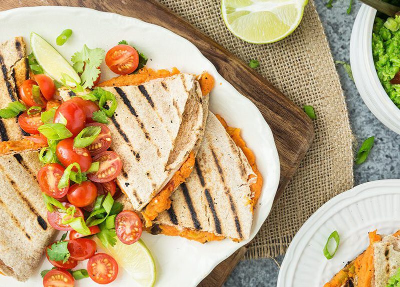 This vegan quesadilla recipe goes great with salsa or pea guacamole spooned over the top. You can eat them with a knife and fork even use your fingers!
