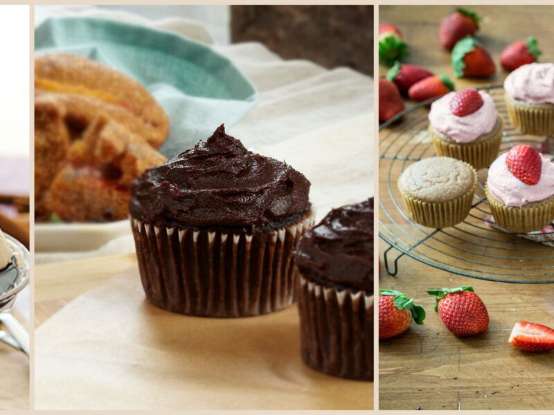 Three vegan desserts: nice cream with chocolate sauce, chocolate cupcakes and strawberry cupcakes