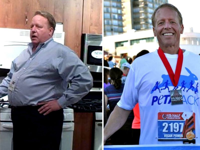 Two photos of Eric O Grey. In the before shot O Grey is overweight, standing in front of kitchen appliances, In the right image, O'Grey is happy at the finish line of a half marathon