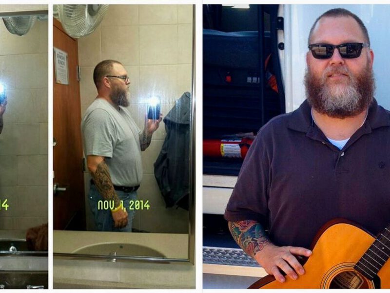 Three photos of trucker Bobby Anderson showing steady weight loss on a plant-based diet. In the final shot, Anderson stands in front of his truck, holding an acoustic guitar