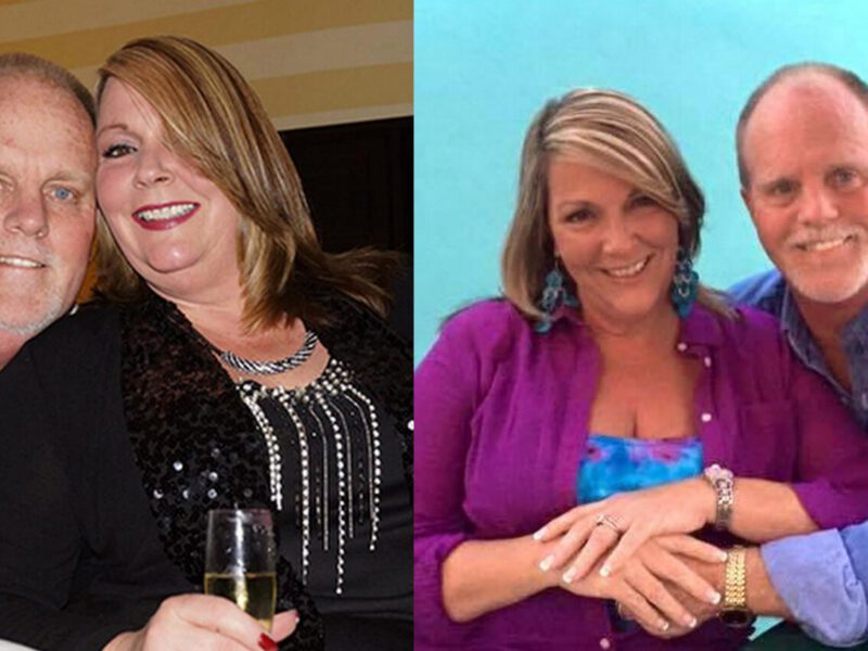 Jay and Margee Kjelson arm in arm, before and after losing weight and getting healthier on a vegan diet