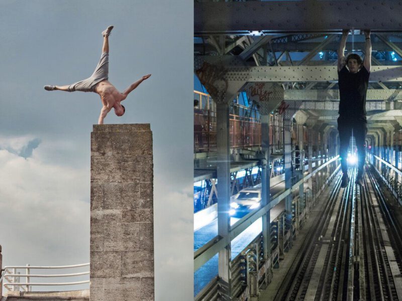 Tim Shieff on top of a tall brick column on one hand, and another photo of Shieff, hanging by his fingers above a track