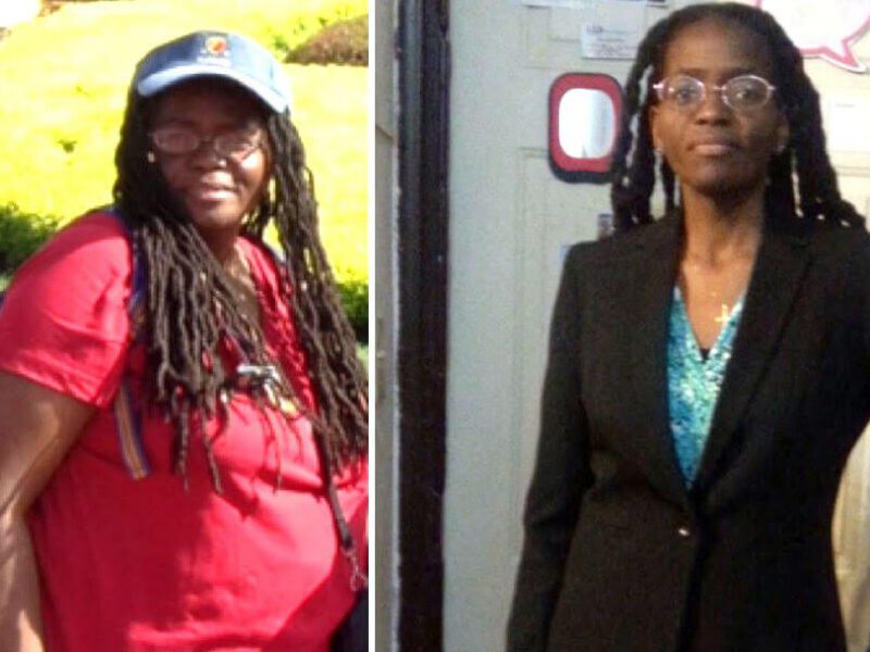 Nalida Besson lost 100 pounds after switching to a plant-based diet and is seen here before the weight loss and after