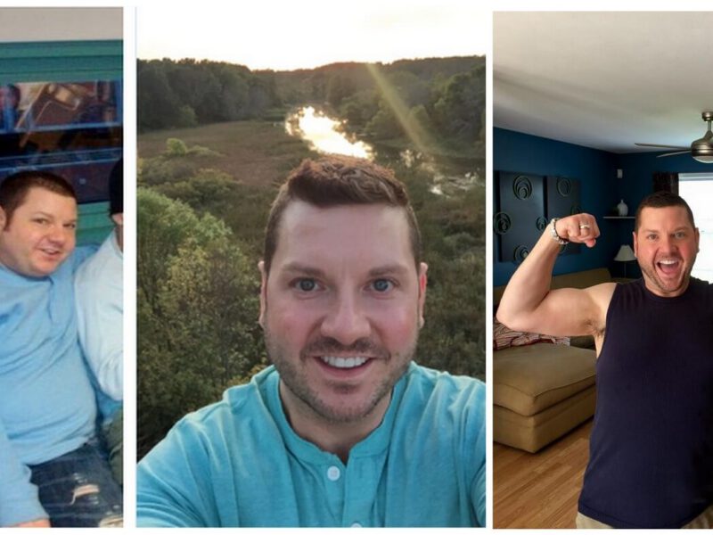 Joey Dimaggio went plant-based and lost 100 pounds. Three photos shown his journey from obese to fit and healthy, wearing a shirt without sleeves