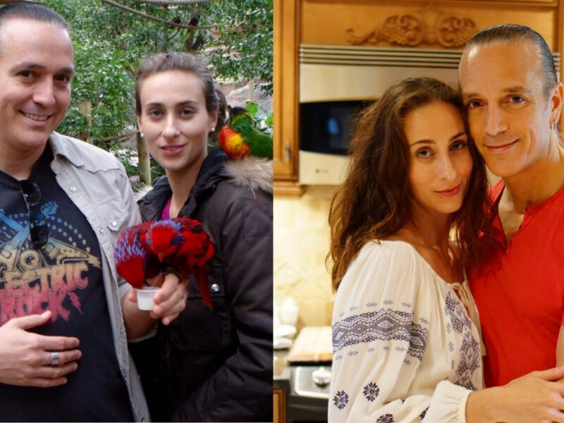 Tim Tribiano before and after switching to a plant-based diet. In the after photo, Tribiano stands with his partner having lost a noticeable amount of weight