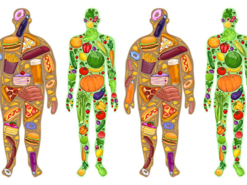 The human body depicted as a graphic, the thinner body size is filled with fresh fruits and veggies and the larger frame is filled with hot dogs, hamburgers, cakes, and other junk food