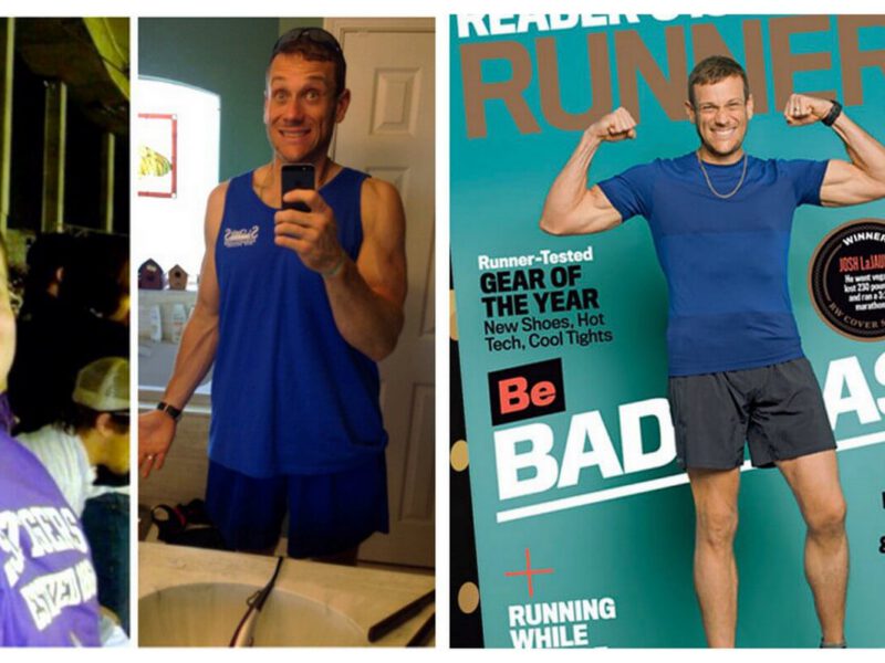 Josh Lajaunie before and after losing over 200 pounds. In the after picture Lajaunie i s on the cover of Runners World magazine