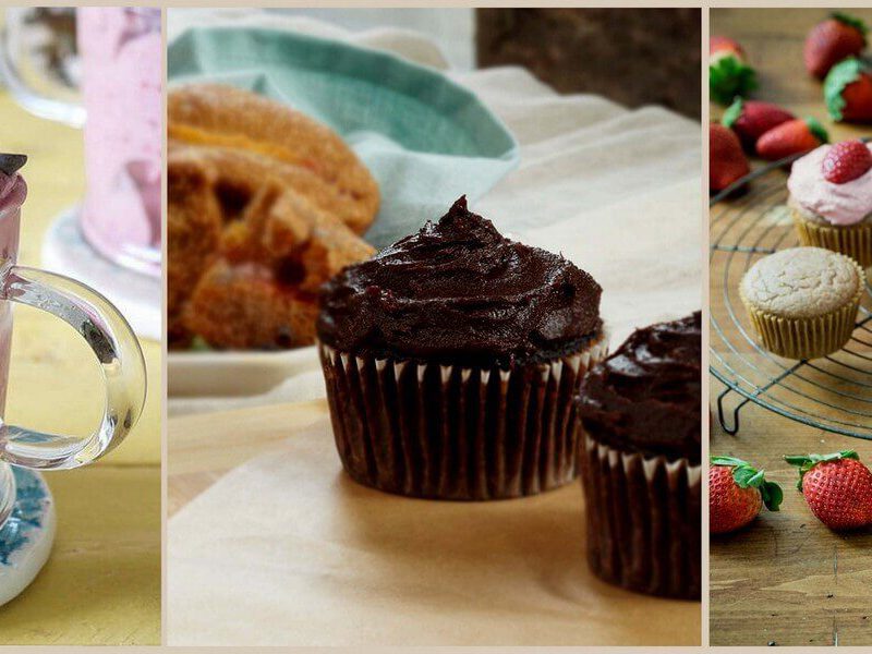 Three vegan desserts: soft serve nice cream, chocolate cupcakes and strawberry cupcakes