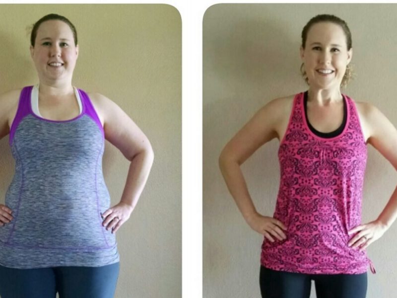 Two images of a happy Kristin Witzack standing with her hands on her hips wearing exercise great showing her transformation from obese (on the left) to fit and healthy (on the right)