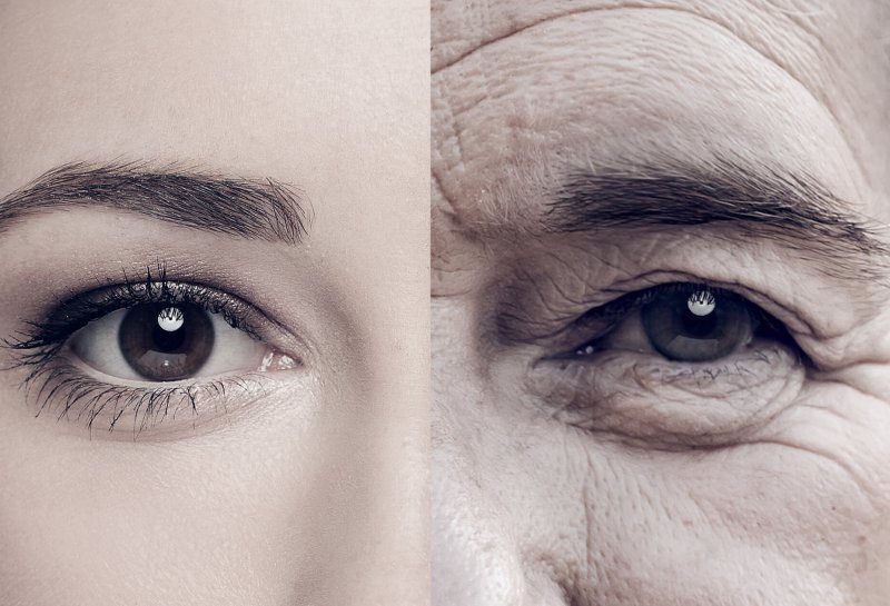 Cropped composite image of the area around a woman's eye when she was young and old