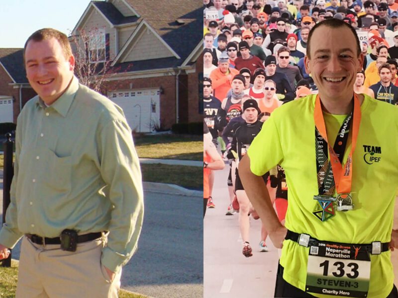 Dr. Steven Lome before and after he lost weight and found better health on a plant-based diet. In the after photo Lome is taking part in a marathon