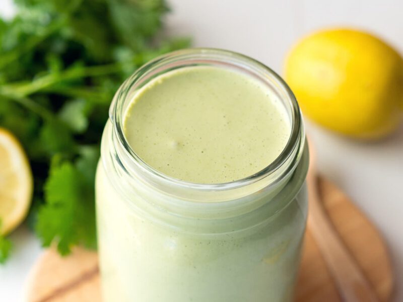 Cilantro-Cashew Dressing in a mason jar with fresh cilantro and lemon in the background