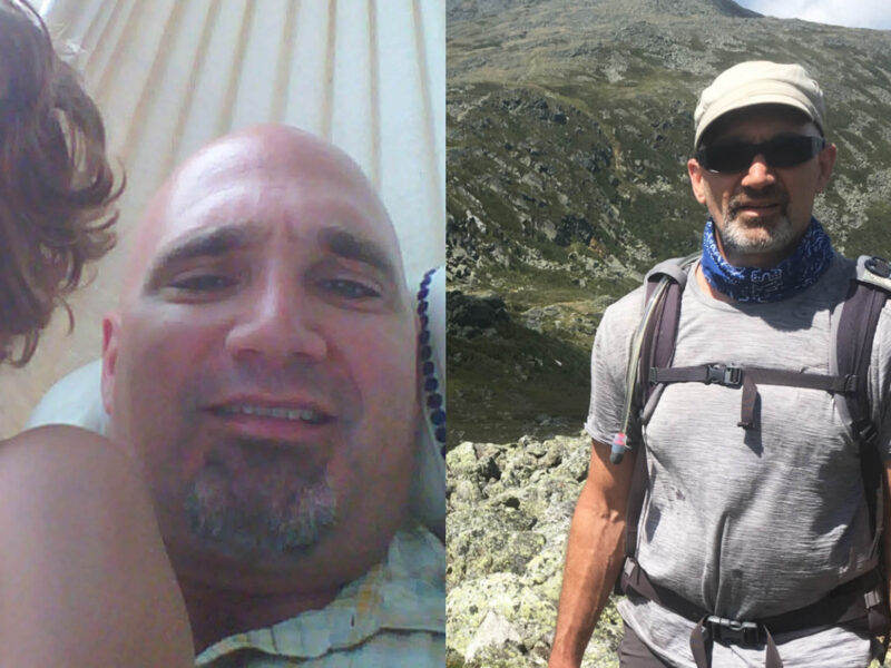 Dick Sloane before and after. On the left he is noticeably heavier and on the right he is standing on the top of a mountain