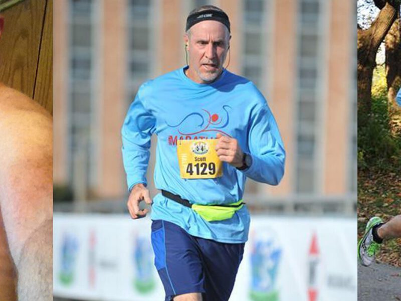 In the left of three images, Scott Putnam is shirtless and has a pot belly. In the other two pictures, Putnam is full of energy as he competes in a running race.