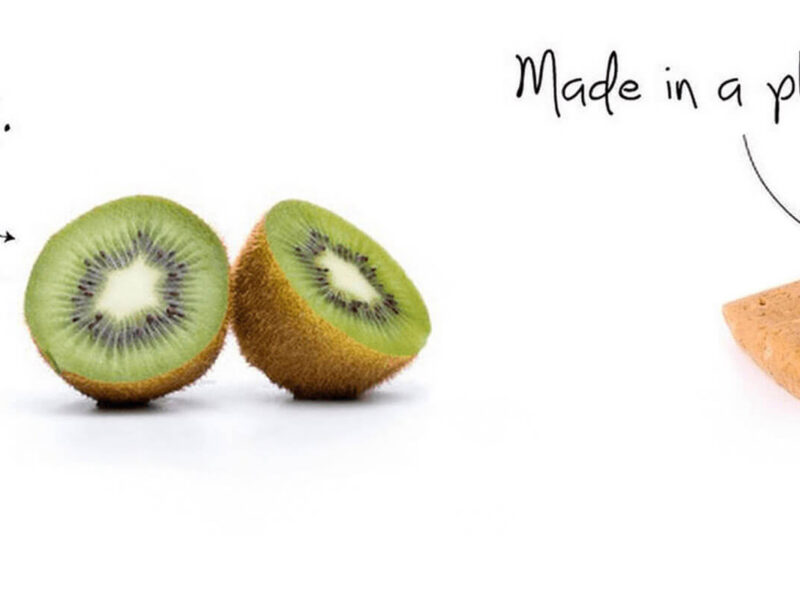on the left is a kiwi fruit (a plant) and on the right is a processed bar (made from a plant).