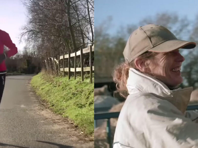 Fiona Oakes jogging down a country road on a cool day next to a photo of Oakes patting a horse