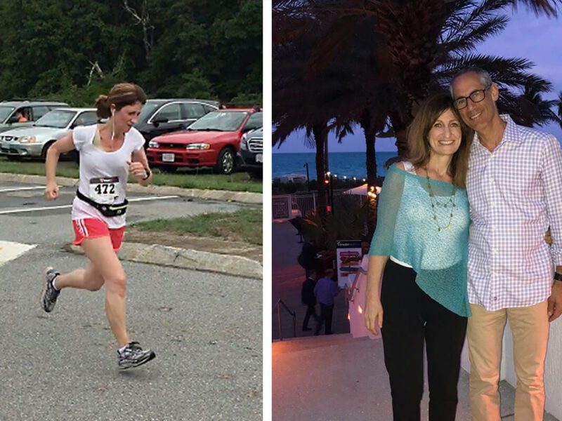 Two photos of melanoma survivor Diana Goldman: On the left Goldman is running in a competitive race. On the right, she is arm in arm with her husband