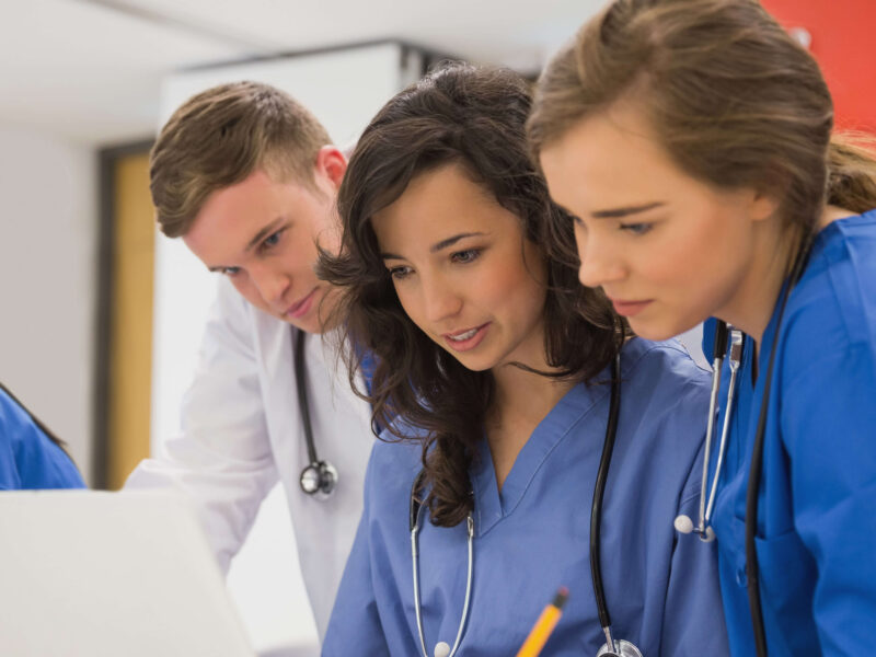 Medical students sitting and talking at the university