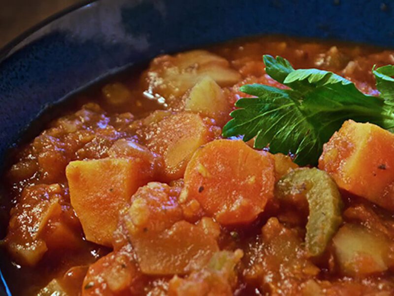 Closeup of a hearty vegan slow cooker stew