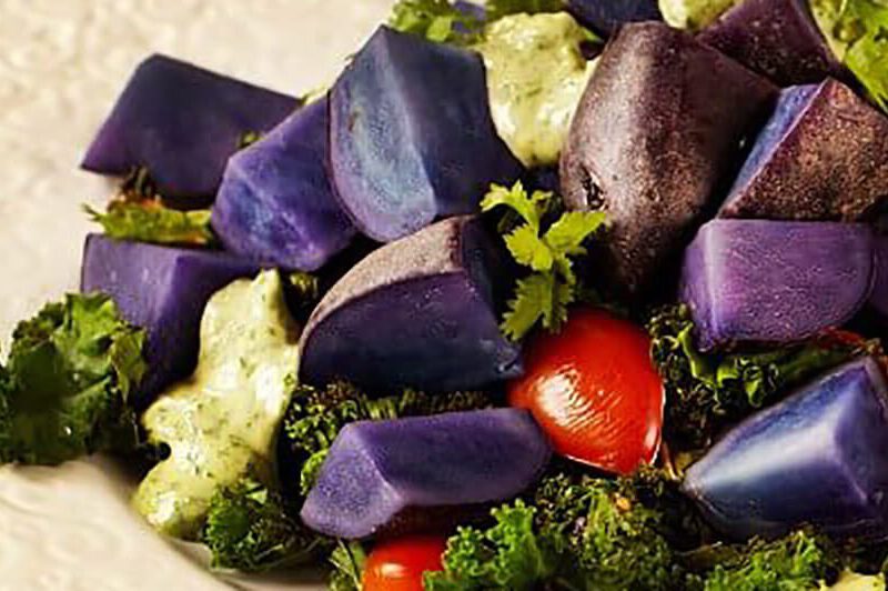 A closeup of part of a bowl of brightly colored Purple Potato and Kale Salad with Cilantro-Tahini Dressing