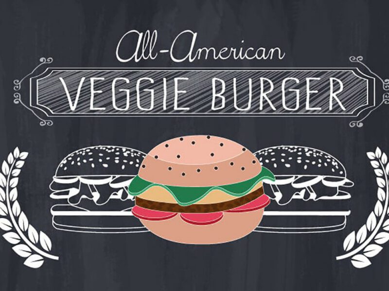 White on black graphic of three burgers - one in color- with text that reads, "All-American Veggie Burger"