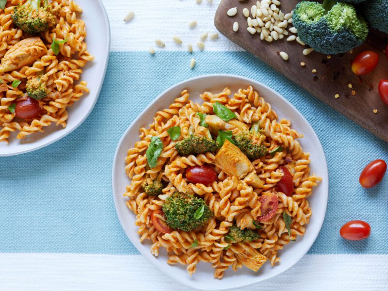 broccoli pasta salad with red pepper pesto