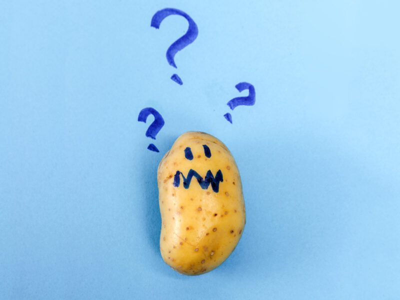 Raw potato on a blue background. Hand drawn blue question marks are above the potato. The potato has a worried face drawn on it in the same blue pen.