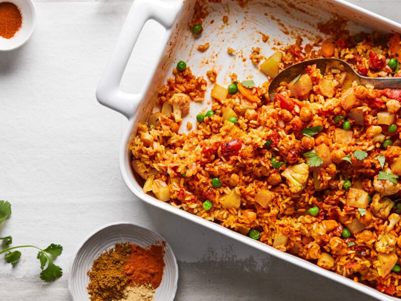 Easy vegan casserole with side of spices and herbs