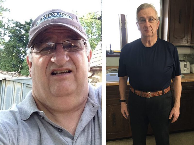 David Rivest before and After going on a WFPB diet. In the after photo, Rivest is noticeably thinner