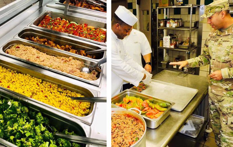 Two images side by side: on the left is a an array of vegan side dishes. On the right, a man in a military uniform talks to the chef as he working