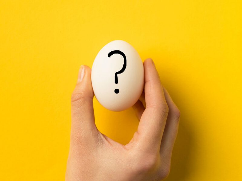 A hand holding an egg with a black question mark written on it