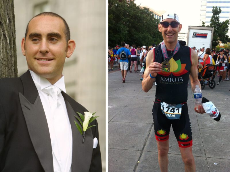 Two photos of Adam Chaim, in the left he's wearing a tuxedo and the right he's at the end of an iron man race holding a medal around his neck