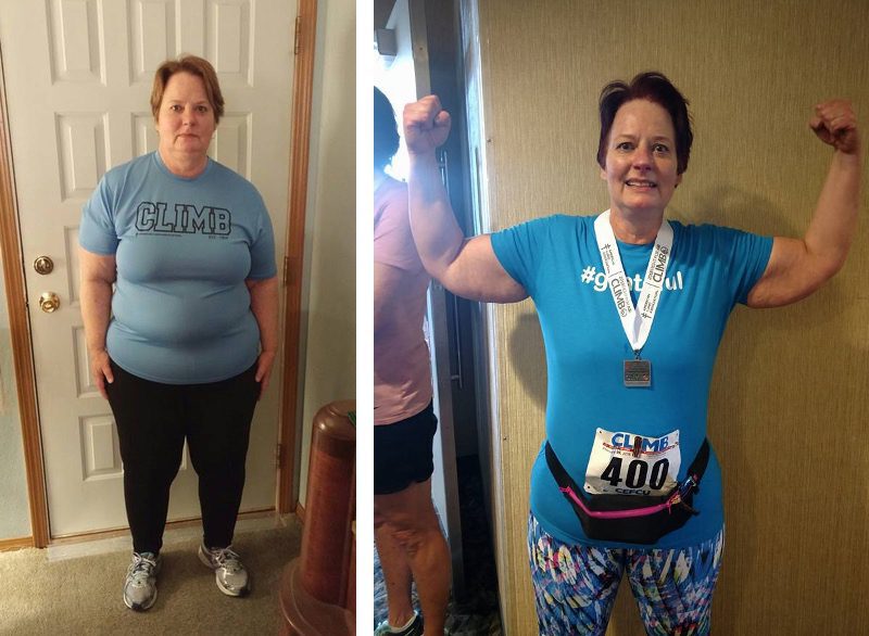 Lorraine Zenge before and after adopting a plant based diet and getting fit, losing weight, and improving her health
