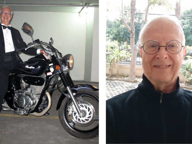 Two photos of 84-year-old Jerry Hunter Nissen. In the left photo, Nissen is riding a motorbike wearing a tuxedo, and in the right, he is looking directly into the camera looking relaxed and peaceful after improving his health on a plant-based diet