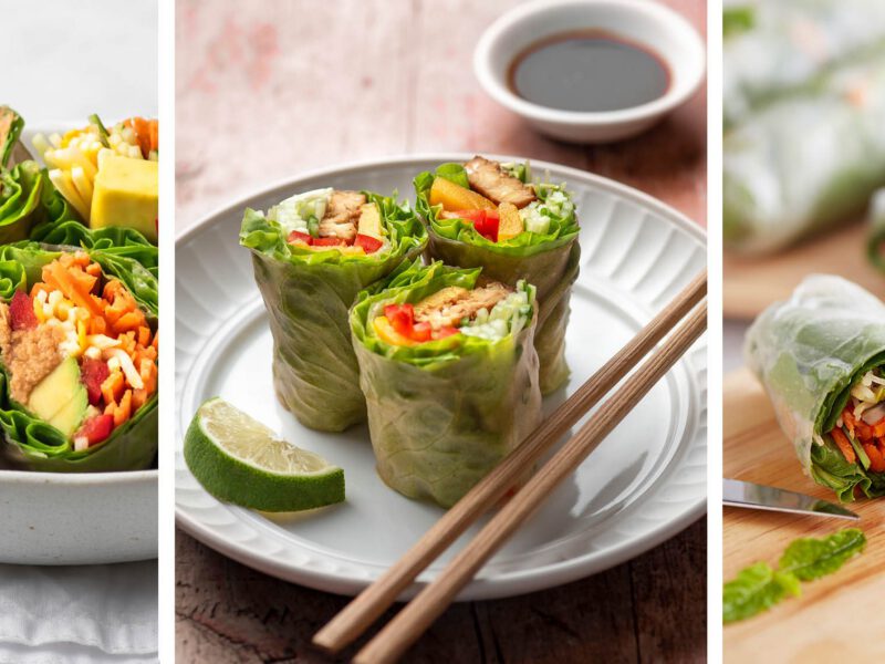 Three photos of different types of vegan fresh spring rolls