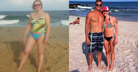 Two photos of Laura Black on the beach in a swim suit. In the photo on the right Black has lost considerable amount of weight stands arm in arm with her husband.