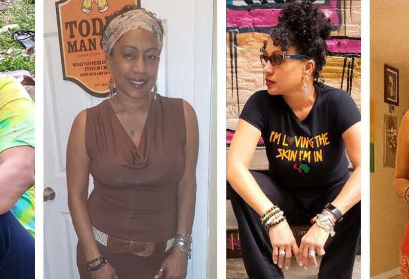 Four photos of Yvonne McGill. In the left, Yvonne is overweight and in the images to the right she has lost weight and looks fit and healthy
