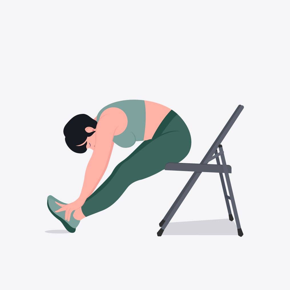 illustration of woman in chair doing a seated toe touch stretch