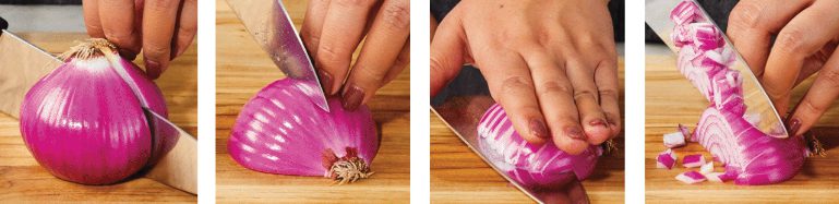 how to dice an onion shown in four steps