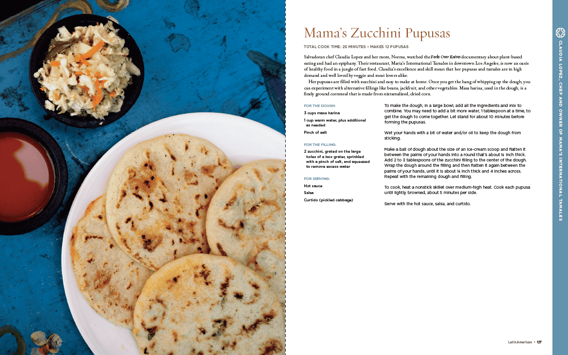two pages from the Blue Zones American Kitchen Cookbook with a photo of pupusas to the left and the recipe on the right