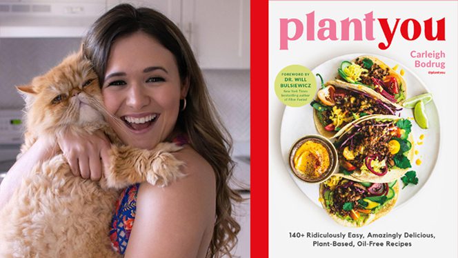 PlantYou author Carleigh Bodrug hugging her orange cat next to an image of the Plant You Cookbook cover
