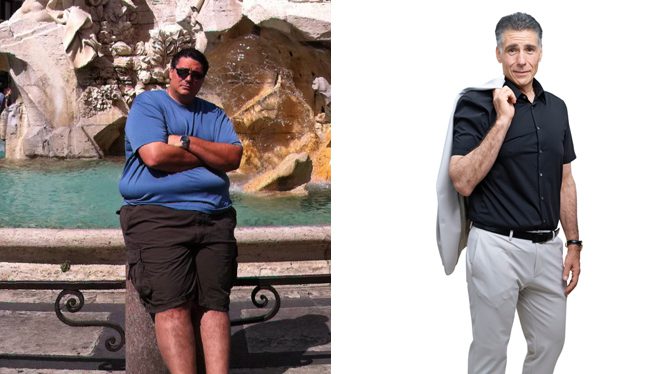 Before and after photos showing Joel Christiana's 210-pound-weight-loss after going whole-food plant-based