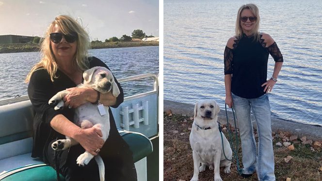 Lauri Perrella, a woman in two photos with her dog, from before and after she adopted a plant-based diet: on the left, she's holding the dog as a puppy; on the right, she is standing next to the adult dog