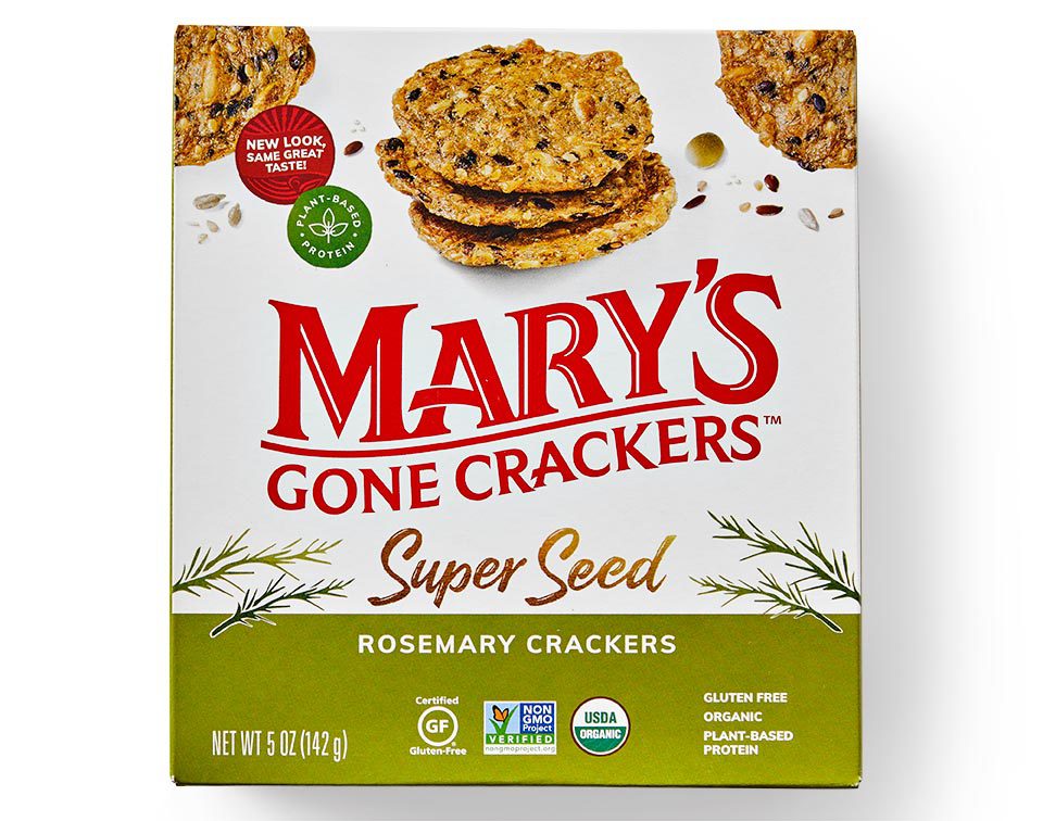 A box of Mary's Gone Crackers brand vegan crackers from Costco