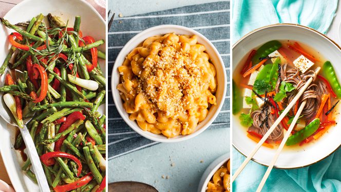 Three photos of different miso recipes - roasted asparagus, vegan mac and cheese, and vegan miso soup