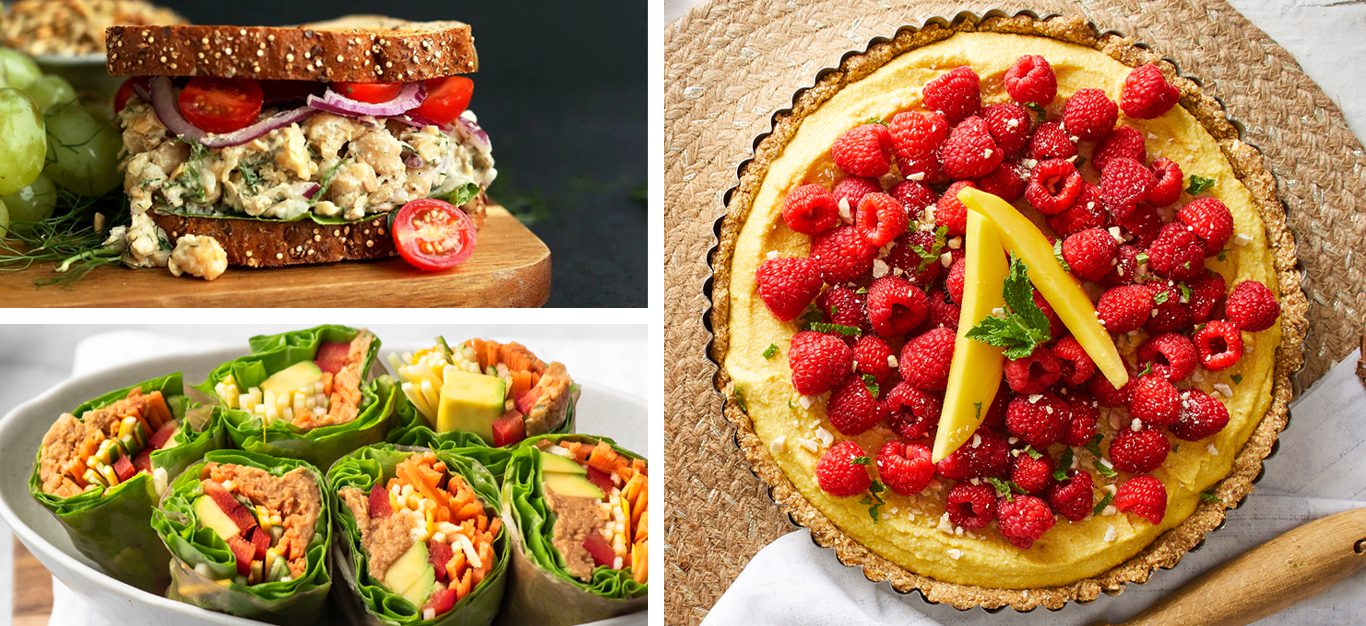Photo collage of "no tuna" salad sandwich, BBQ summer rolls, and mango-lime tart