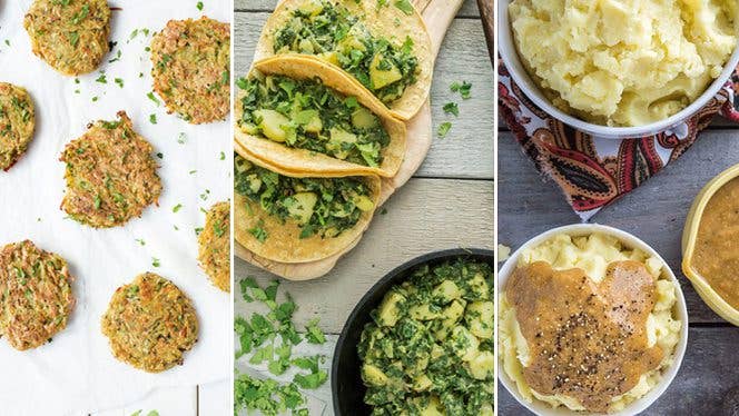 Three potato recipes: Potato pancakes (latkes); spinach and potato tacos; and vegan mashed potatoes with gravy