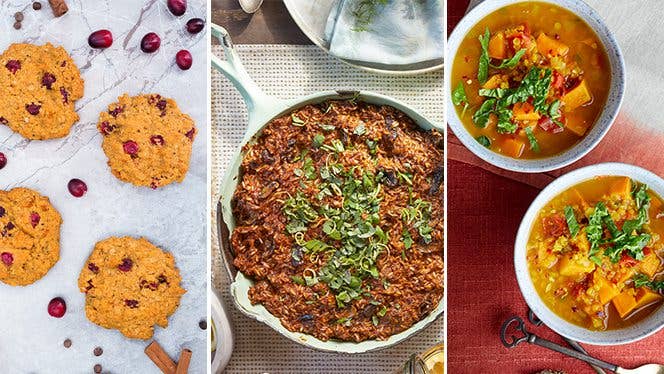 Collage of plant-based pumpkin recipes - frittata, cookies, and more