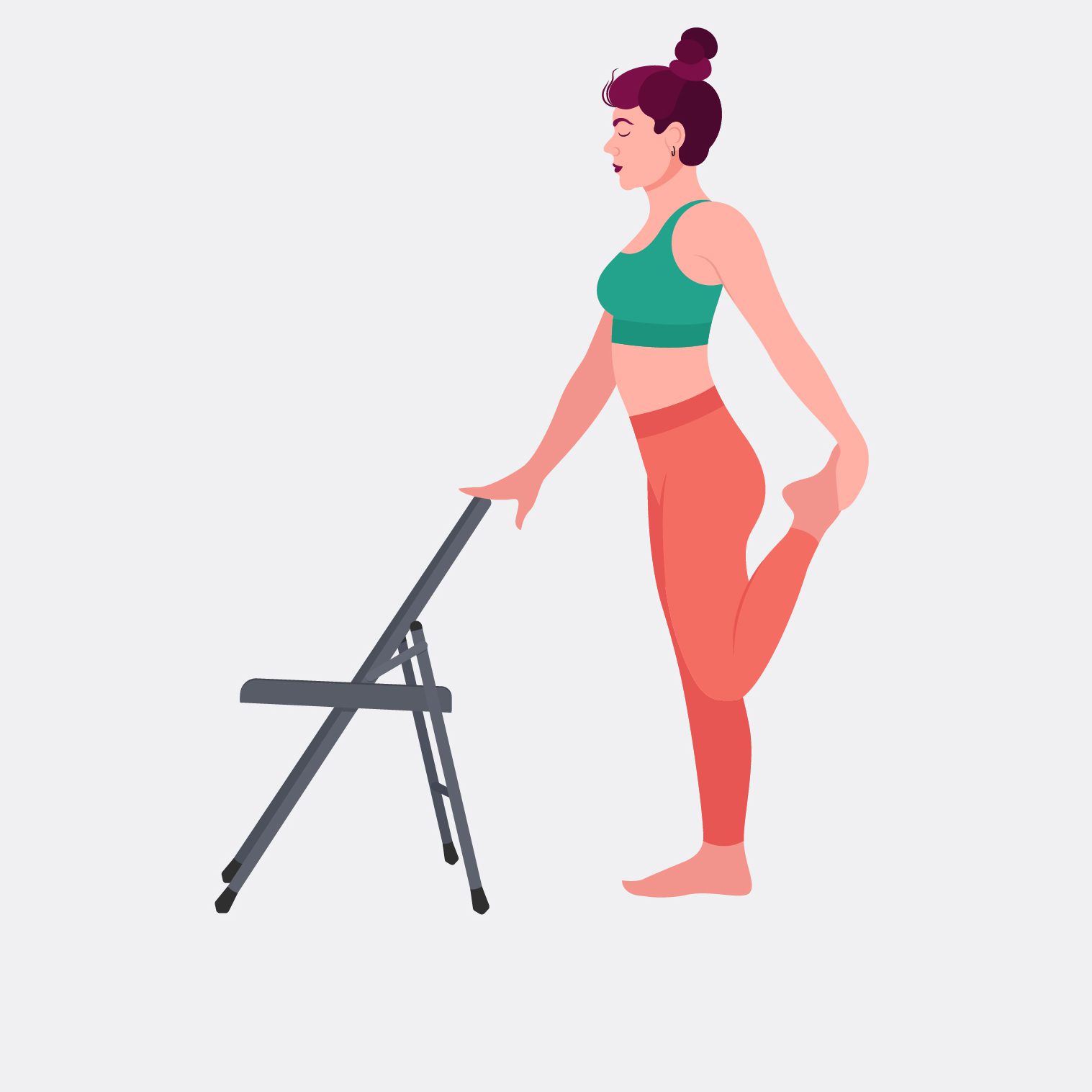 illustration of woman standing behind a chair doing a quad stretch