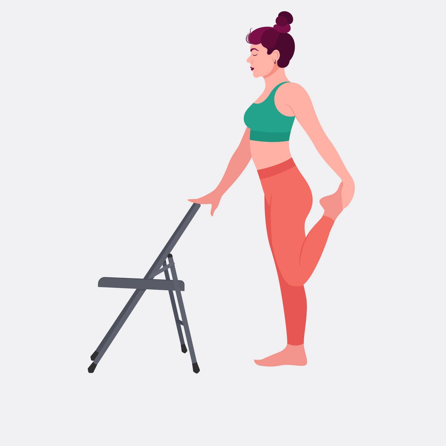 illustration of woman standing behind a chair doing a quad stretch
